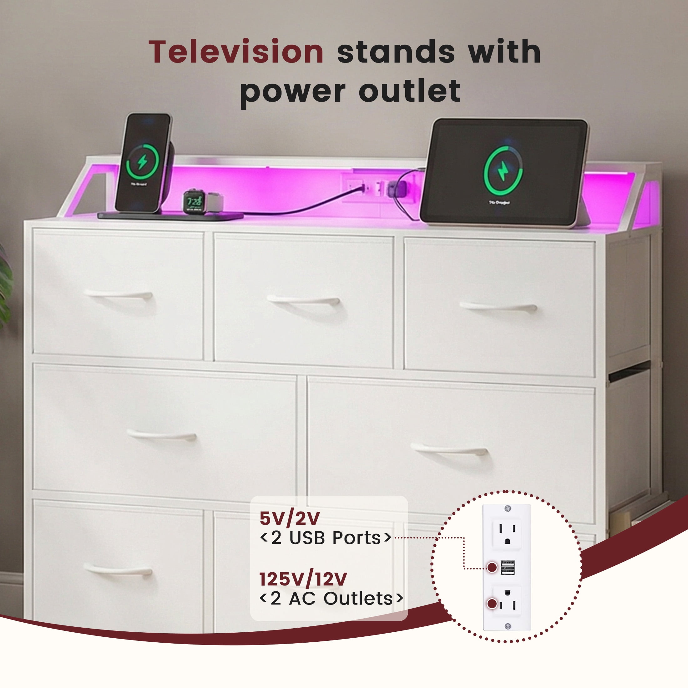 edx 8-Drawer Fabric Dresser with Power Outlets & LED Light, Multifunctional TV Stand Storage Cabinet for Bedroom, Living Room, Office & Hallway, White