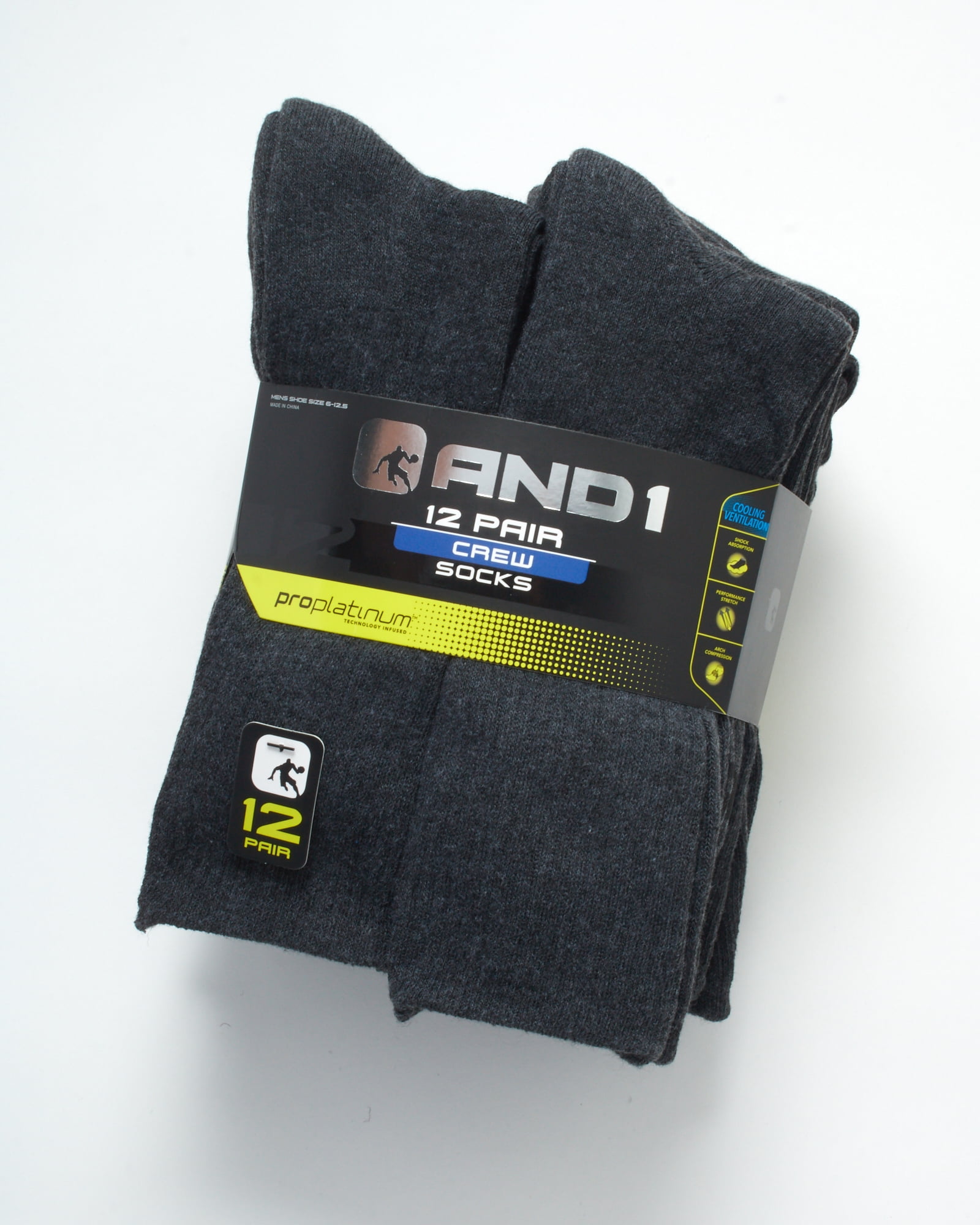 AND1 Men's Socks, Cushion Crew Socks, 12 Pack