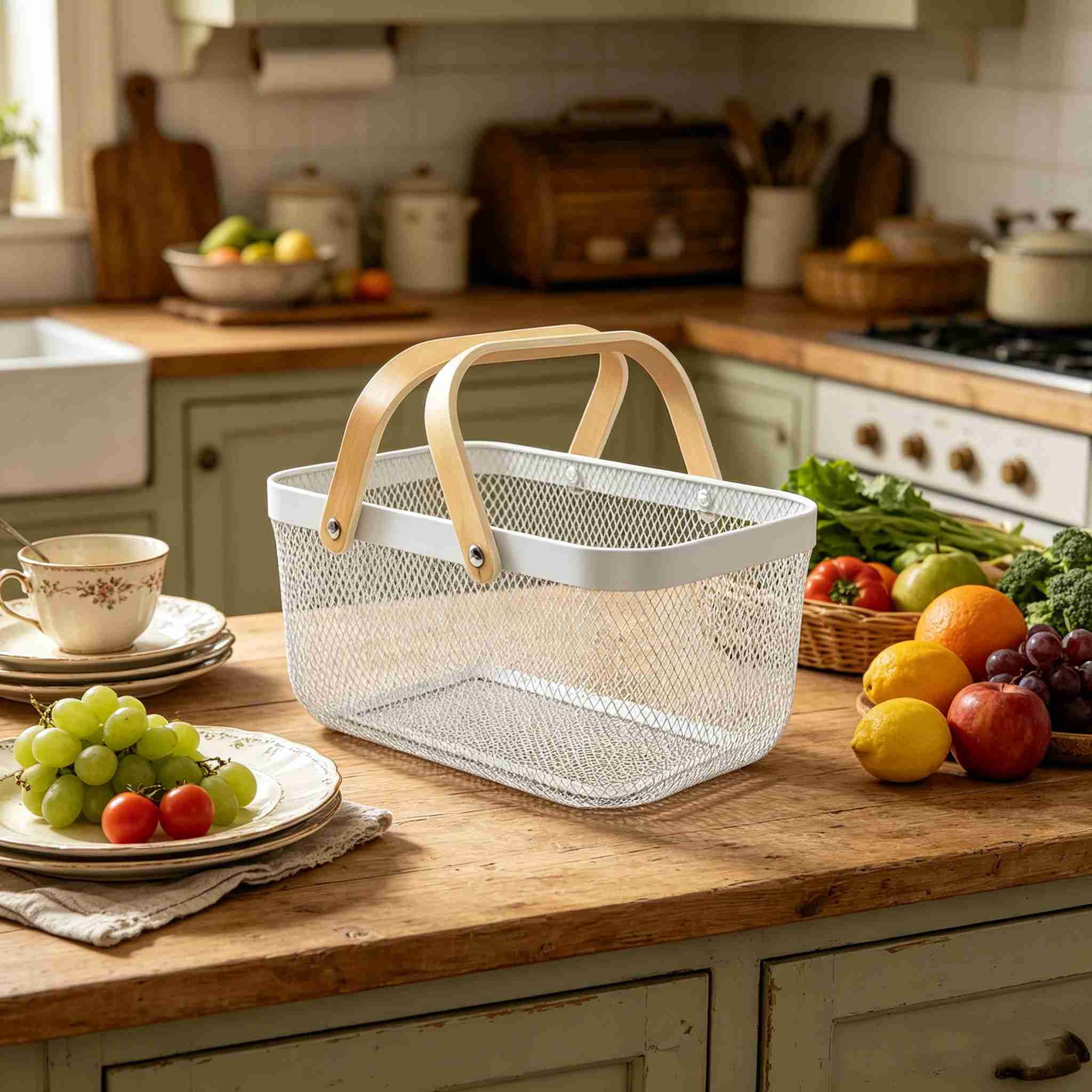 MODANU Metal Mesh Storage Basket with Handle, Garden Harvest Basket, Mesh Fruit Vegetables Gathering Basket Bin, Multi-Functional Metal Wire Basket for Kitchen Garden Picnic Cabinet, White