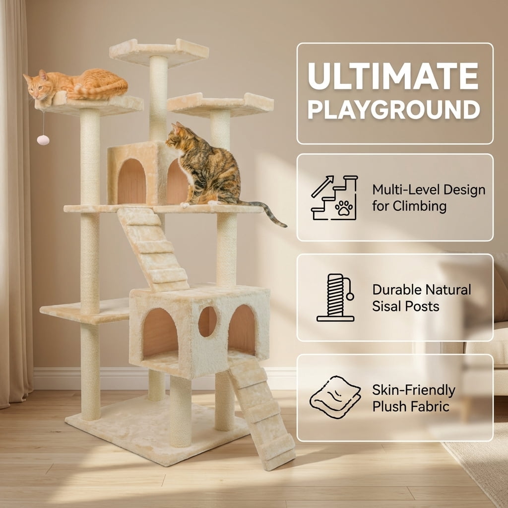 Multi-Level Cat Tree Tower with Sisal Scratching Posts, 2 Condos, Plush Fabric, Beige, 74 Inches Tall
