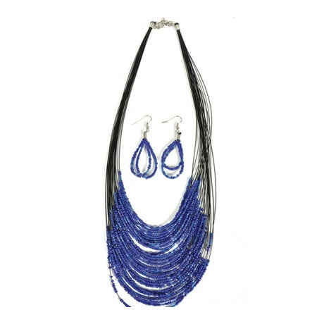 18 BLUE SEED BEAD NECKLACE AND EARRING SET, Case of 60
