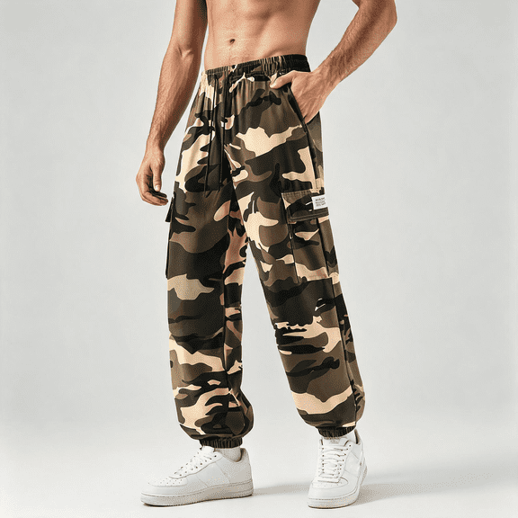 Men's Camo Cargo Jogger Pants Elastic Waist Drawstring Casual Loose Trousers with Multi Pockets Brown M
