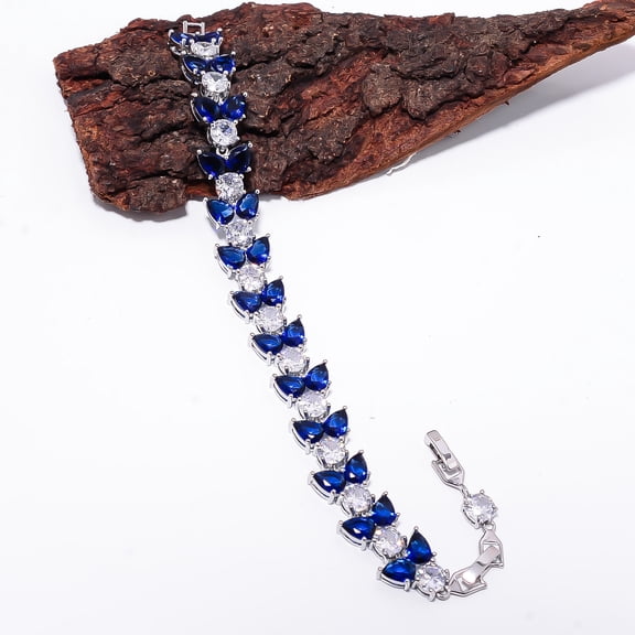 Blue Sapphire, CZ 925 Sterling Silver Adjustable Tennis Bracelet 7-8" B3259, Blue Sapphire Bracelet, Blue Bracelet, Pear Bracelet