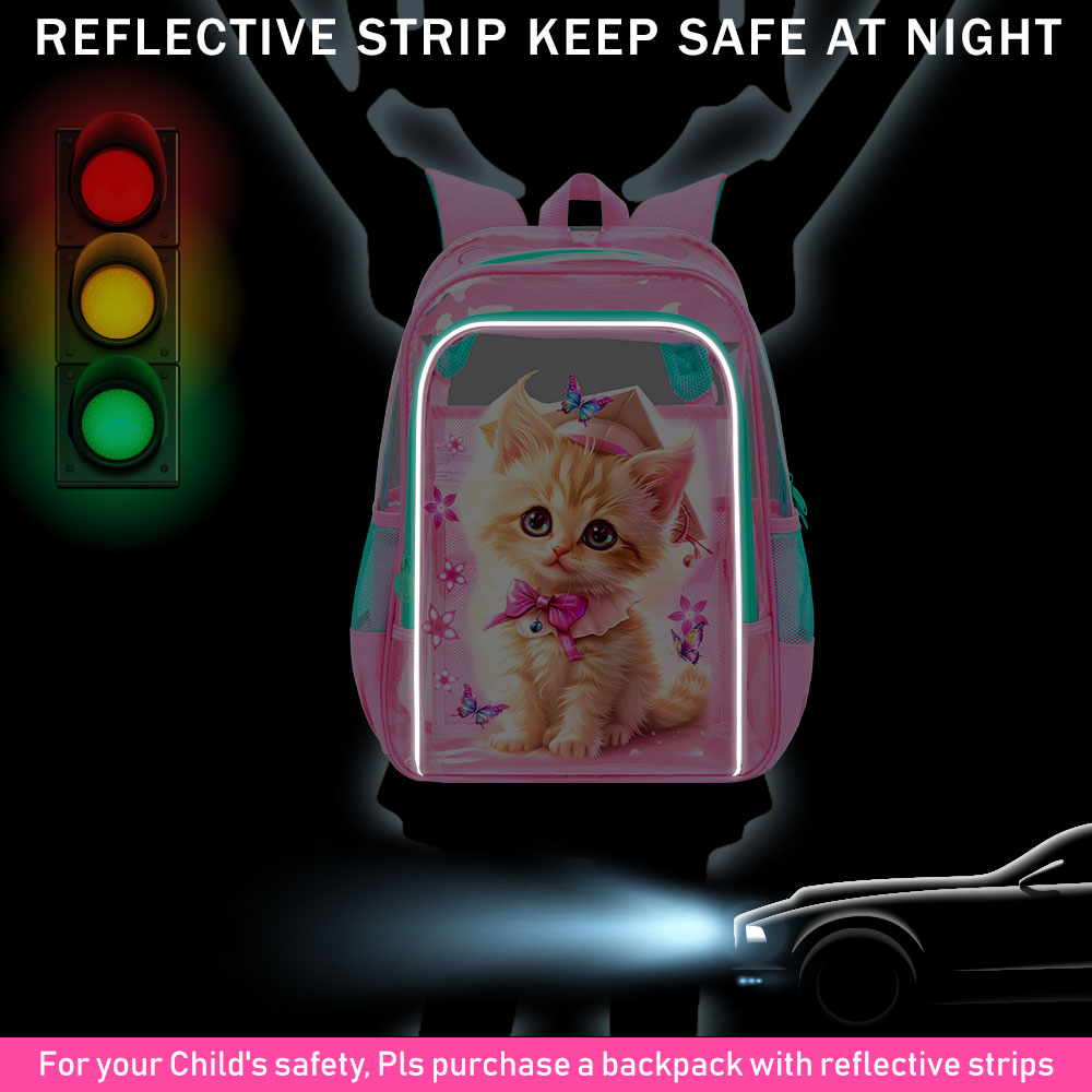 Mochila Transparente para Niña, Set de 3 Bookbags Claros, Bolso Escolar Transparente para Primaria y Preescolar - Doctor Gato Rosa 5