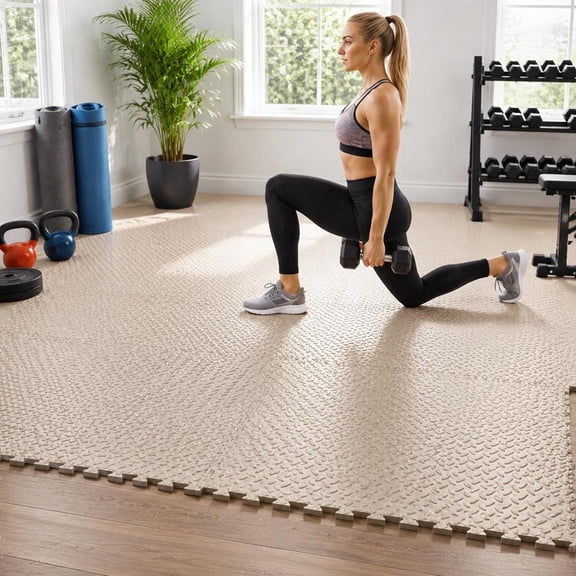 Interlocking Foam Floor Mats, 12-Piece Set, 1/2" Thick, Beige, Puzzle Exercise Mat for Home Gym