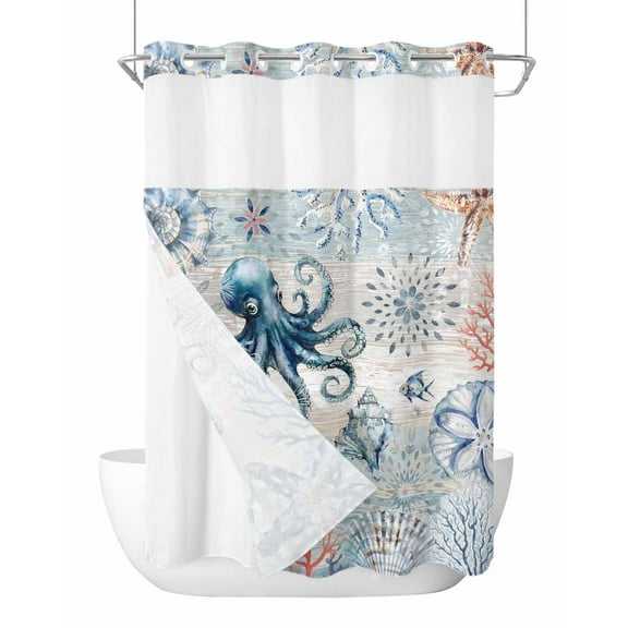 No Hook Shower Curtains, Coastal Octopus Standard Bathroom Curtains with Snap in Liner, Ocean Nautical Conch Coral Fish Shells Waterproof Washable Fabric Bathroom Shower Curtain Sets, 60" x 72"