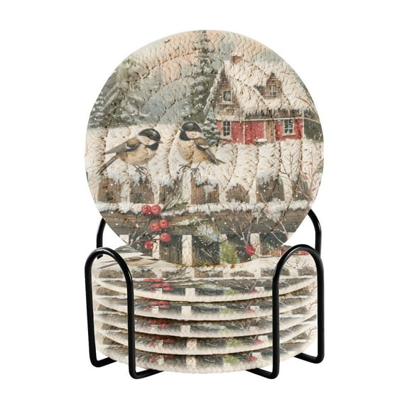 Chickadees Bird and House Coasters with Holder for Coffee Table 6 Pcs Drink Coaster Sets Absorbent for Home Decor 4 inch