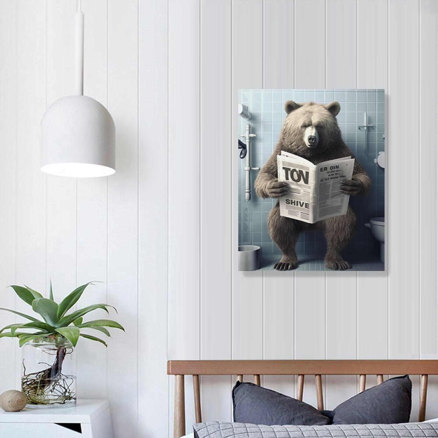 EastSmooth Black Bear Bathroom Decor Wall Art Bear Sitting in Toilet Reading Newspaper Print Picture Toilet Wall Decor Funny Bear Painting Framed Modern Artwork for Bathroom Toilet Decor