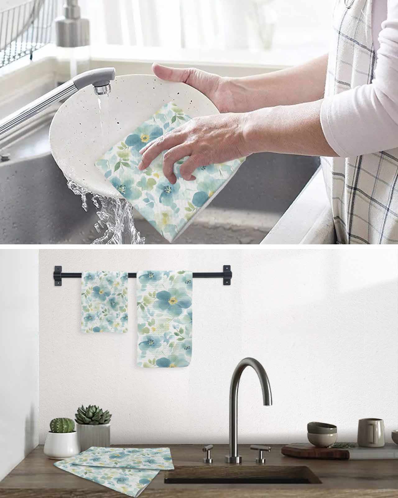 Teal Blue Flower Kitchen Dish Towels for Drying Dishes Set of 3, Abstract Garden Botanical Leaves Waffle Weave Microfiber Terry Hand Tea Bathroom Towels Quick Dry & Absorbent Towel 12x12