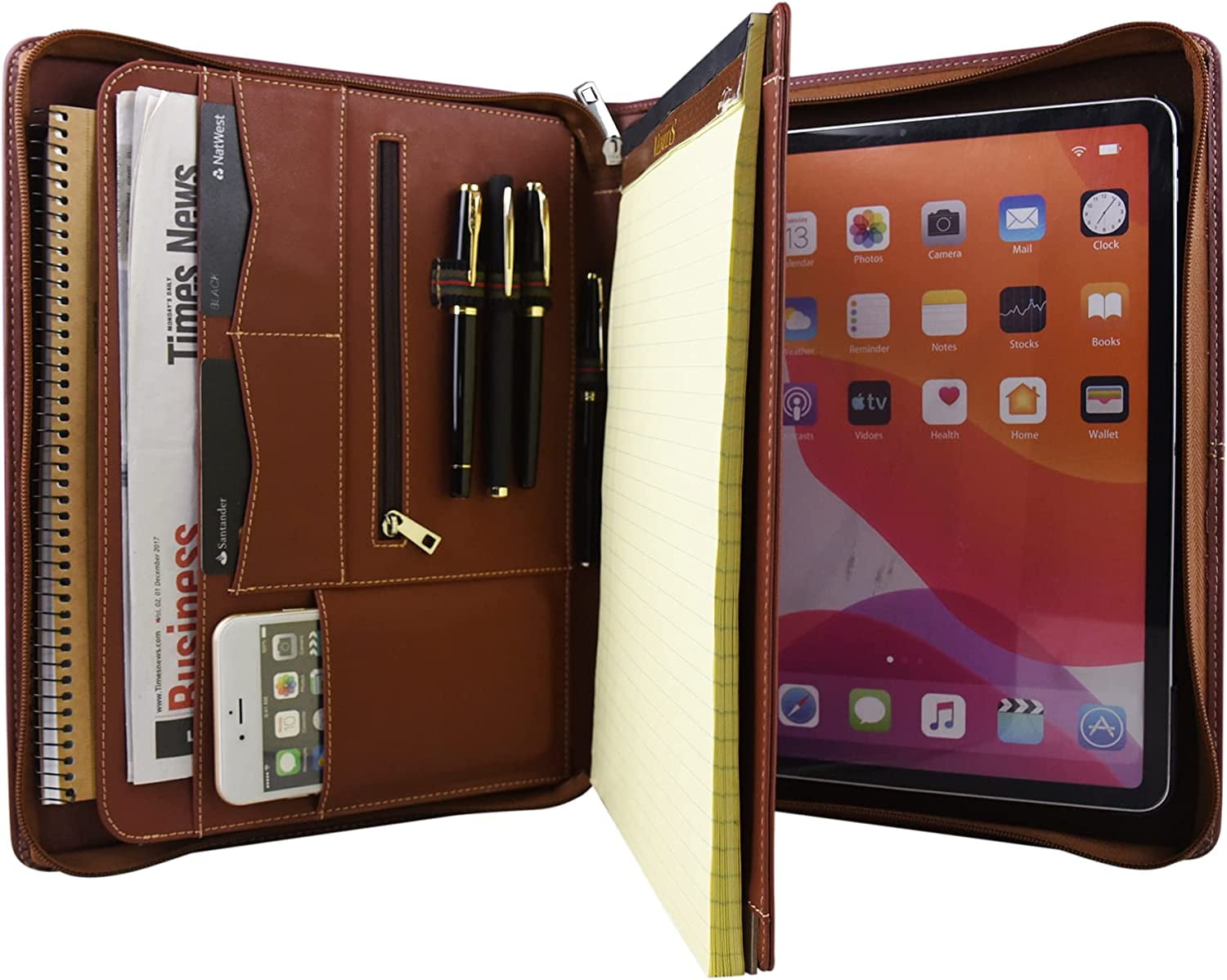 Leather Portfolio, Calfinder Tablet Zipper Binder for iPad Pro 12.9
