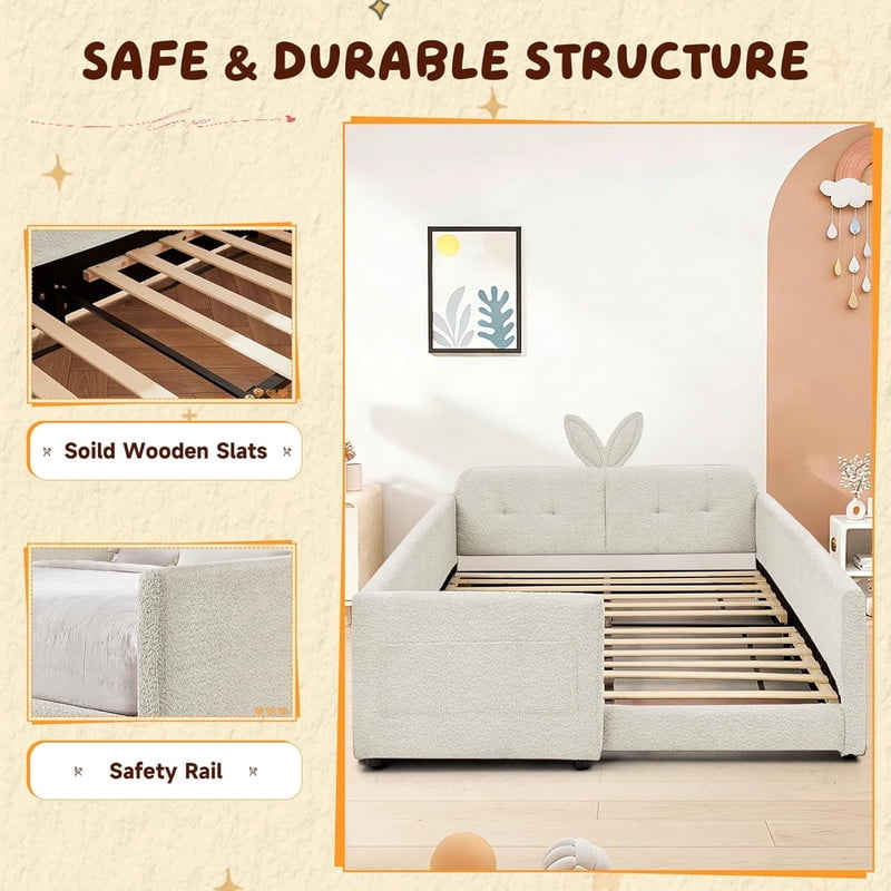 Full Size Upholstered Platform Bed with Rabbit Ear Shaped Headboard, Boucle Fabric Kids Bed with Side Pockets and Safety Guardrail, Space-Saving Corner Bed for Girls, Boys, Teenager