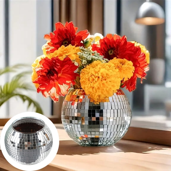 Qocolcyl Under $5 3.9in Silver Mirror Ball Plastic Vase, Mosaic Tile Round Decorative Flower Vase for Fresh Dried Floral Arrangement Tabletop Living Room TV Cabinet Home Party Decor