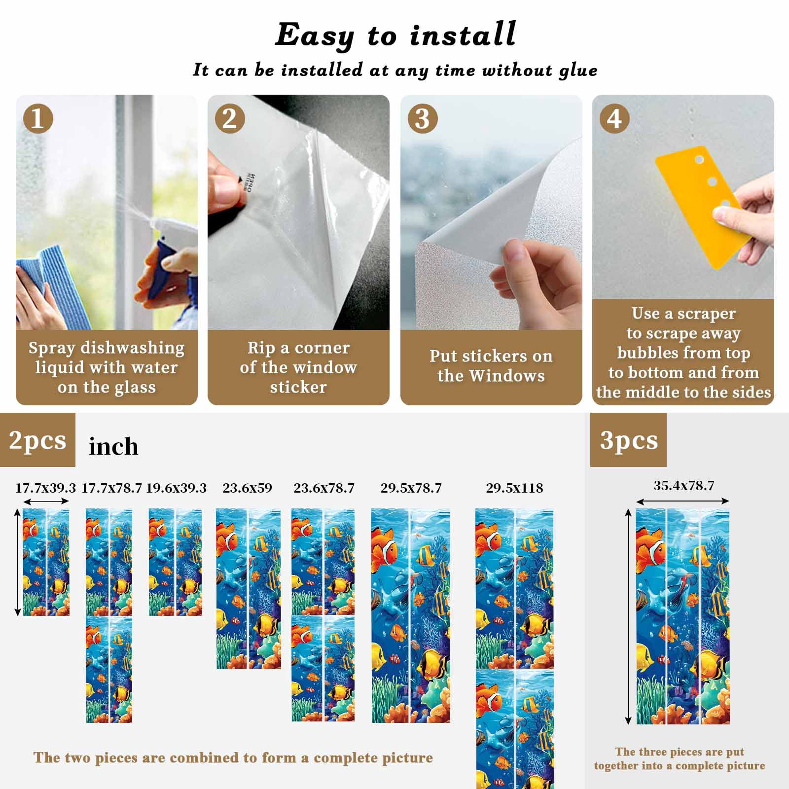 Ocean Marine Window Privacy Film Life Fish Coral Seagrass Underwater Coastal Decorative Glass Window Film UV Blocking Static Cling Non-Adhesive Sticker Covering for Home Door 35.4x78.7 inches