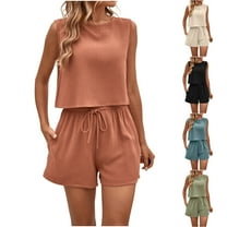 UVEASISHA Boho Summer Outfits for Women 2 Piece Cotton Linen Sets Sleeveless Cropped Tank Tops and Wide Leg Shorts Set Blue L