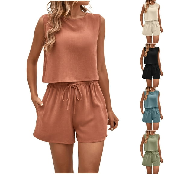 Dazajoo Vacation Linen Sets for Women Crop Tank Tops and Elastic Waisted Drawstring Shorts Summer Solid Color Lounge Suits with Pockets Holiday Sales,Green,M