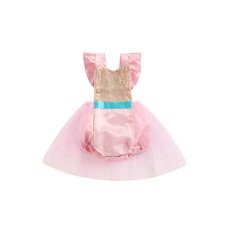 

Calsunbaby Infants Baby Girl Romper Sequin Flying Sleeve Snap Crotch Patchwork Tulle Bodysuit