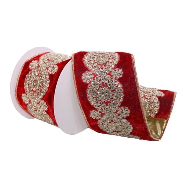 Vickerman Q222319 4 in. x 5 Yard Red Velvet Ribbon with Light Gold Sequin Embroidery Wired Edge Christmas Ribbon