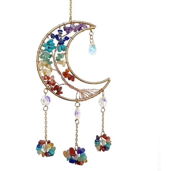 Colorful Crystal Moon Suncatcher for Window - 7 Chakra Hanging Tree of Life Natural Healing Stones Wind Chimes Rainbow Maker Good Luck Decor for Car Home Garden