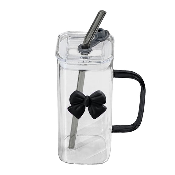 CMrtew Bow Aesthetic Cup - Bow Glass Cup, Cute Glass Cups with Lids and Straws, 13.5 oz Bow Tumbler Iced Coffee Tumbler Cups for Girls Bestfriend (Clear)