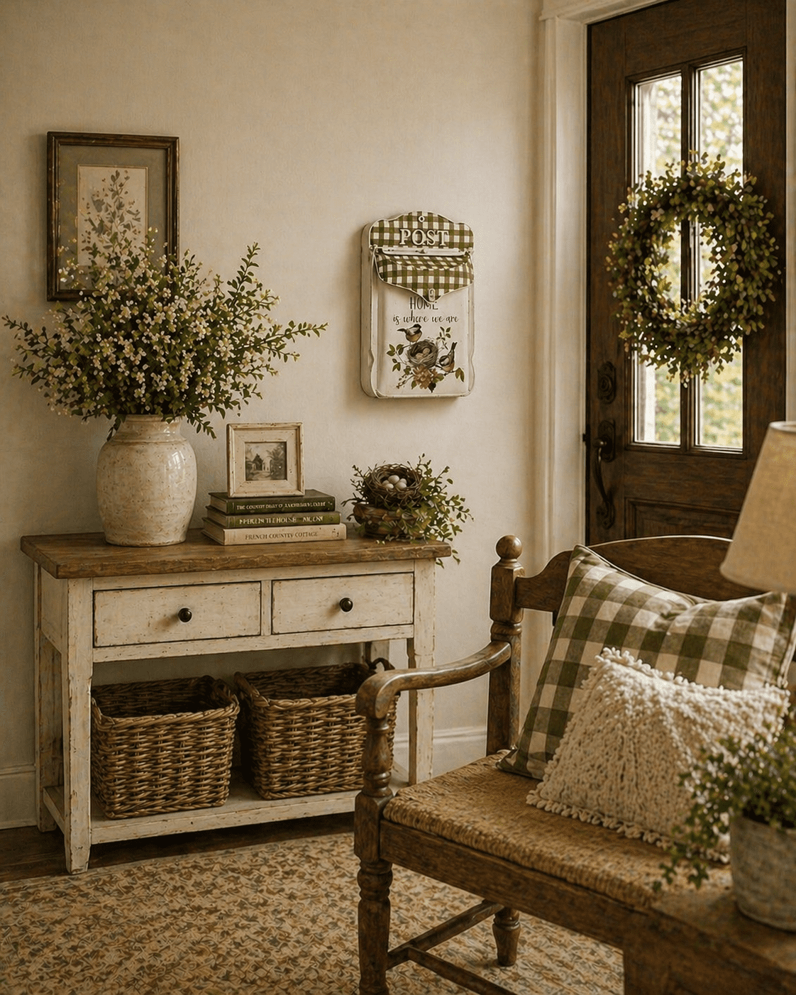 Decorative Metal Mailbox Wall Mount Farmhouse Post Box White Olive Plaid Bird Nest Design Indoor Outdoor Covered Porch Garden Decor 15.5" x11"