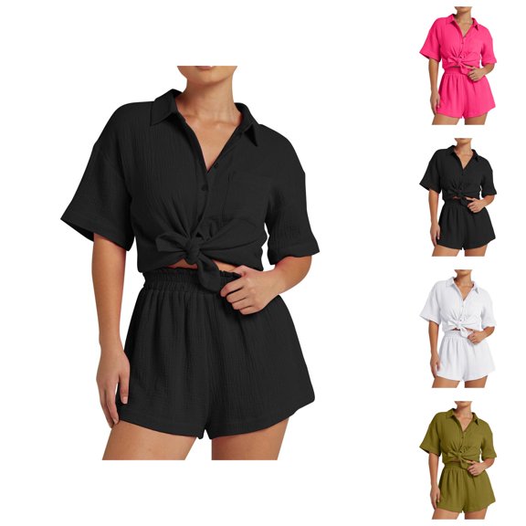 Short Sets for Women Short Sleeve Button Down Collared T Shirt and Shorts 2 Piece Matching Set Womens Lounge Set