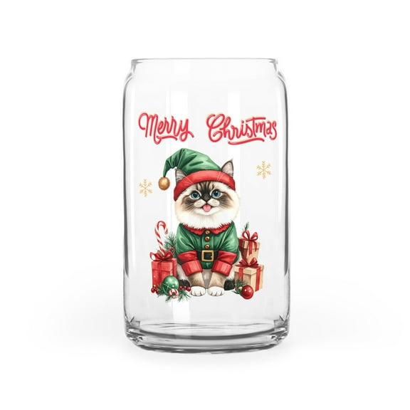 Merry Christmas Meowy Catmas Noel Ragdoll Elf Candy Cane Snow 16oz Glass Cup Mug Cat Lover Kitten Owner Gifts Idea Glass Can - 13017