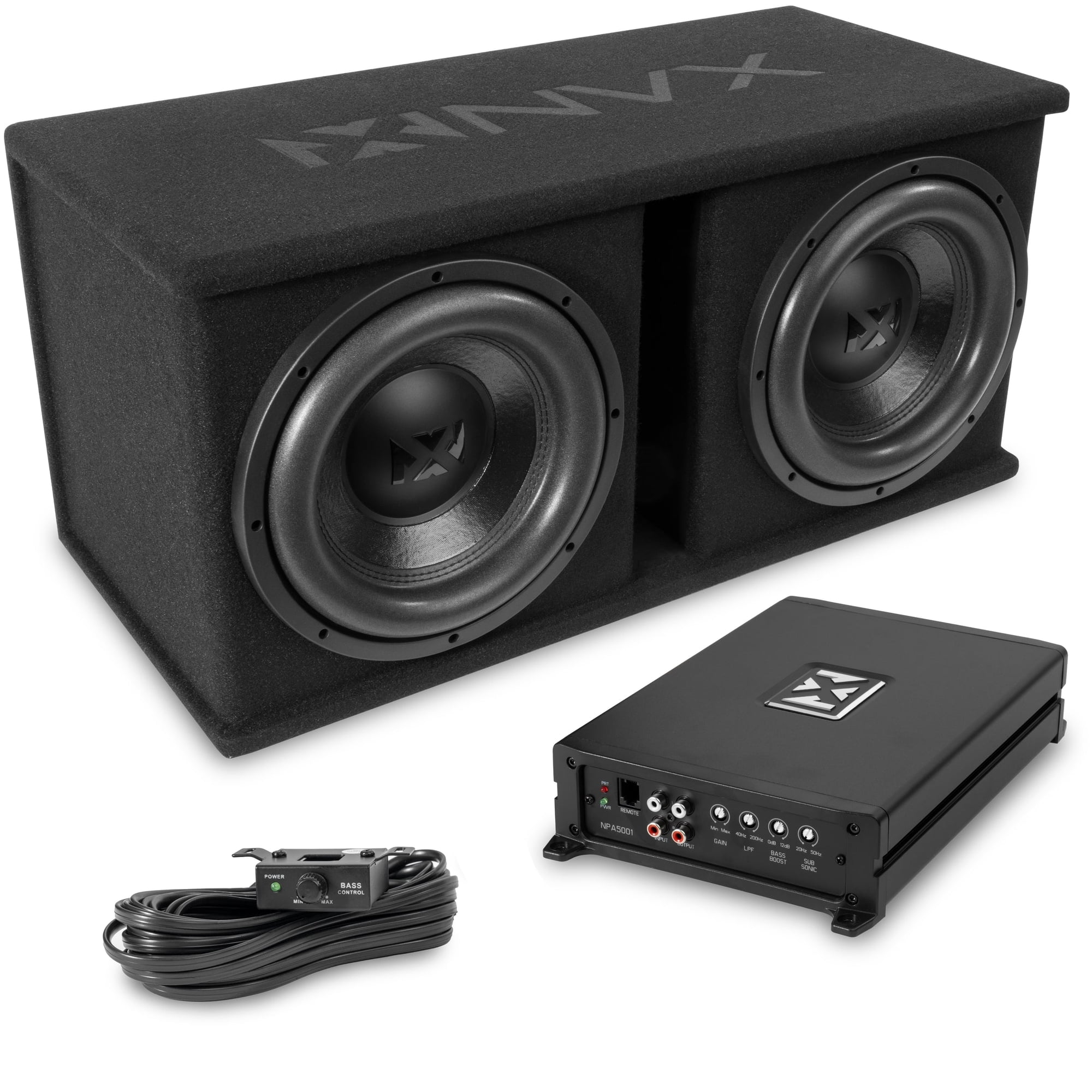 NVX NPKG212 1000W Loaded Dual 12" Subwoofer w/ Ported Enclosure & Monoblock Amplifier w/ Bass Knob
