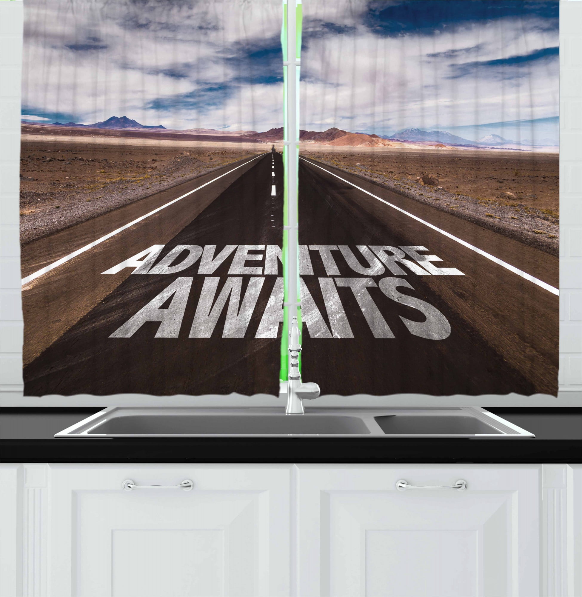 Saying Kitchen Curtains, Typography on the Asphalt Clouds and Sky Road Trip  Theme Adventure Concept, Two Panels Drapes with Rod Pocket Room Decor, 55"  X 45", Brown Blue and White, by Ambesonne -