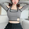 thumbnail image 3 of ZAXARRA Female Crop Tops, Off Shoulder Long Sleeve Fake Two Pieces T-Shirt, 3 of 7