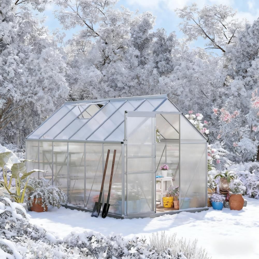 6x12 FT Greenhouse, Easy Assembly Polycarbonate Greenhouses with Adjustable Roof Vent, Large Aluminum Walk-in Greenhouse with Sliding Door, Silver