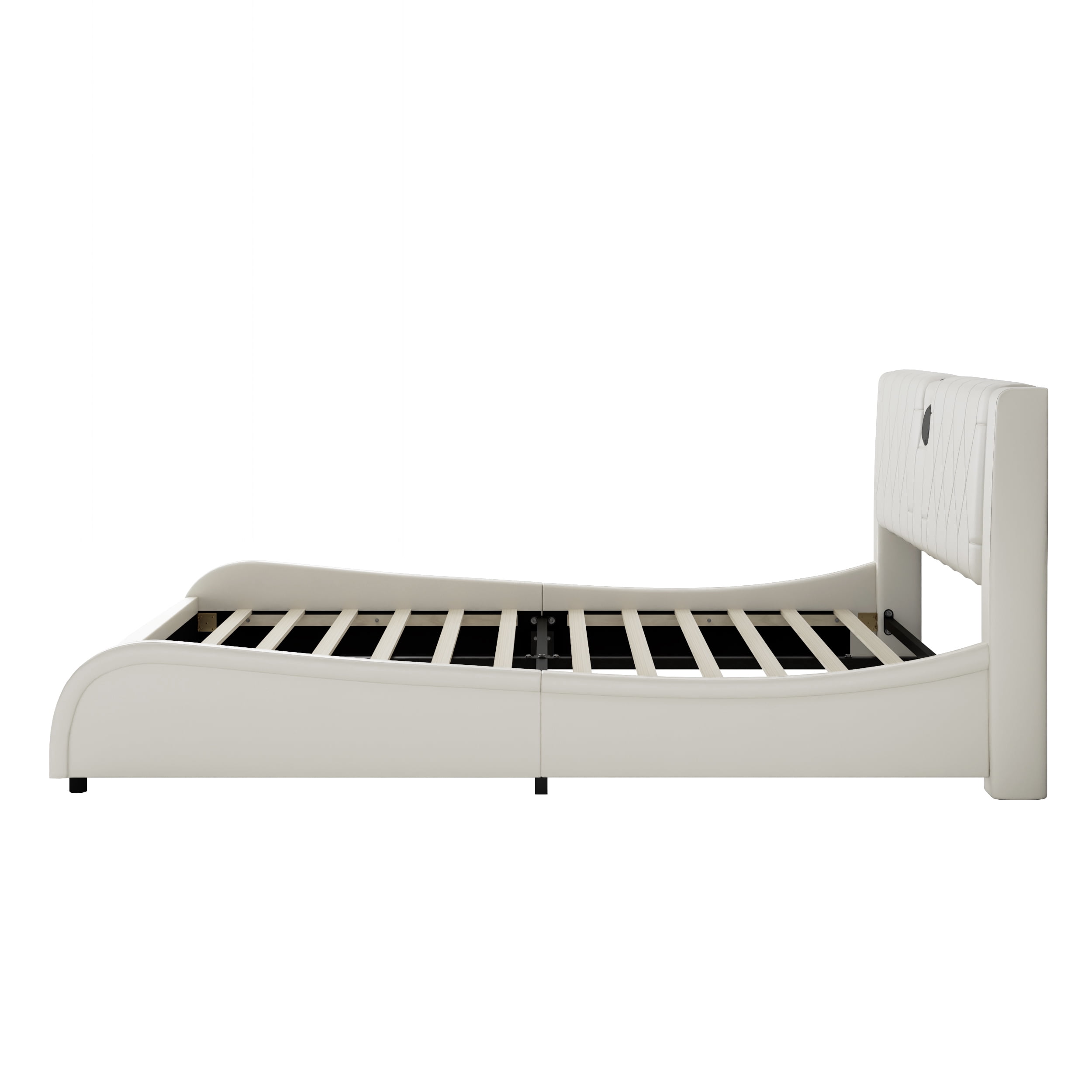 MAYEERTY Queen Faux Leather Platform Bed Thick Headboard Bluetooth RGB for Bedroom White