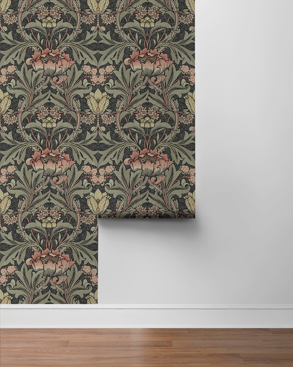 NextWall Charcoal & Rosewood Acanthus Floral Peel and Stick Wallpaper