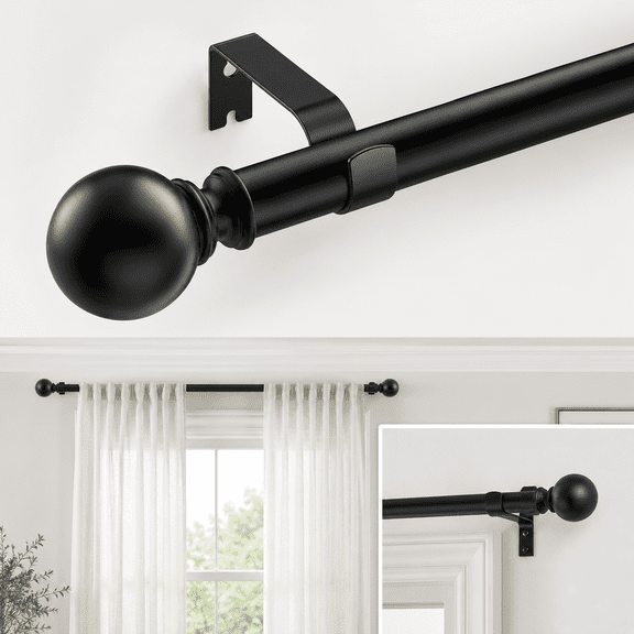 Himonut Adjustable Curtain Rod for Windows, 28–144 inch, 1 in Diameter Matte Black Metal Drapery Rod with Ball Finials and Wall Mount Brackets