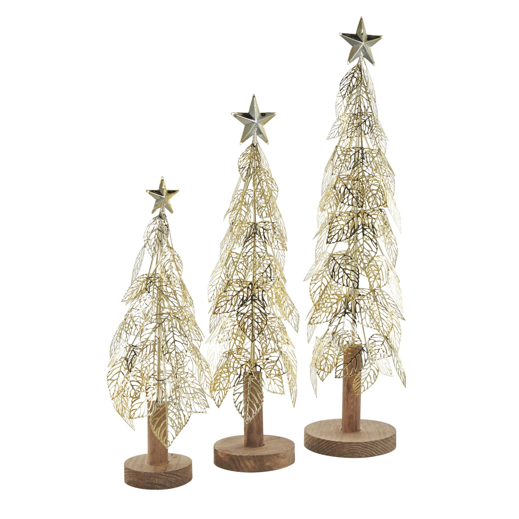 22", 18", 14"H Gold Metal Holiday Cutout Leaf Tree Christmas Sculpture with Wooden Base and Star Topper, by DecMode (3 Count)