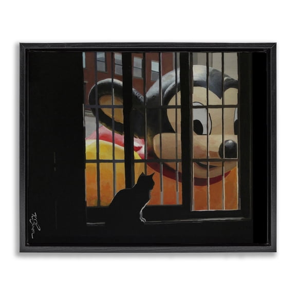 Stupell Industries Mouse Character Peering at Cat Animals Painting Black Floater Framed Canvas Art Print Wall Art, 21 x 17