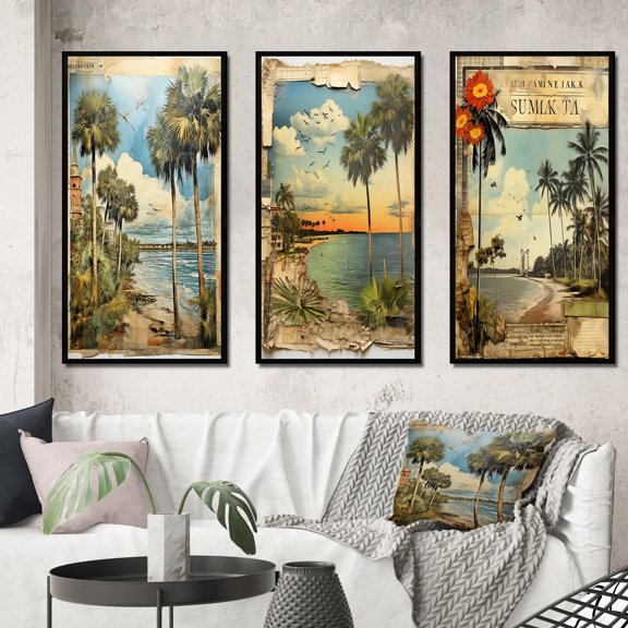 Designart "Vintage Florida Collage of Palm Trees and Beach II" Florida Framed Wall Art Set Of 3 - Green Modern Frame Gallery Set For Office Decor