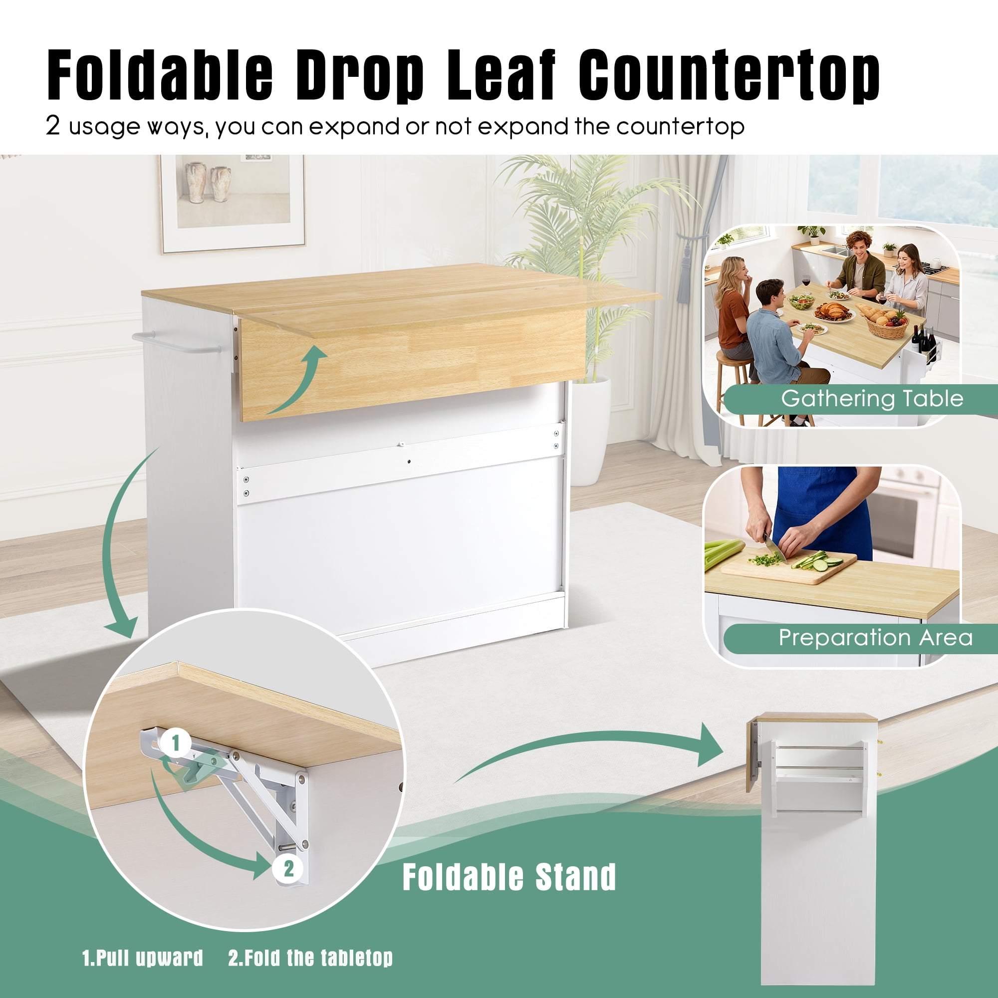 Haverchair 39.7" Kitchen Island with Drop Leaf and Storage Cabinet, Mobile Kitchen Rolling Bar Cart with Trash Can Cabinet and Drawer, Modern Island Table for Kitchen with Spice Rack and Towel Rack