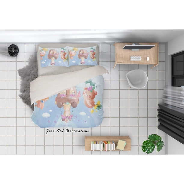 3D Azul Oso de dibujos animados León Estrella Funda nórdica Juego de cama Set Funda nórdica