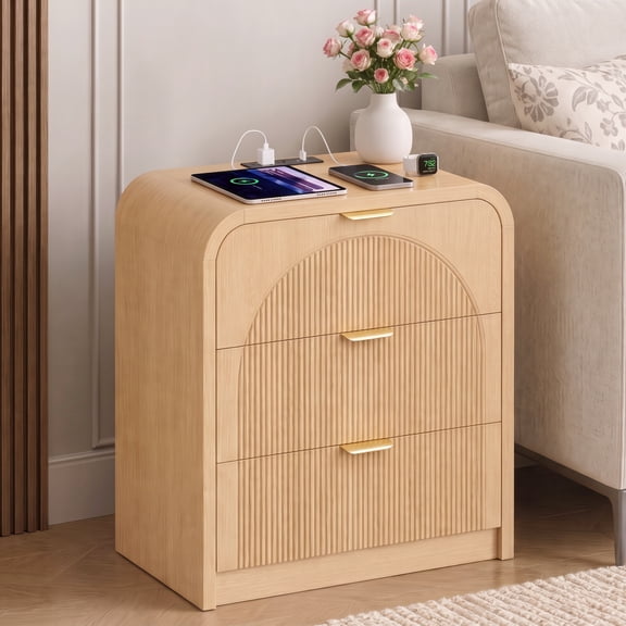 Seetech 3 Drawers Nightstand with Charging Station, Wooden Bedside Table, Curved End Table, Natural