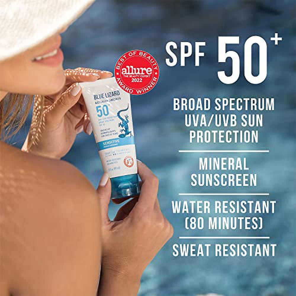 Blue Lizard SENSITIVE Mineral Sunscreen with Zinc Oxide, SPF 50+, Water Resistant, UVA/UVB Protection with Smart Cap Technology - Fragrance Free, 3 oz. Tube