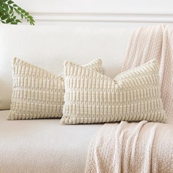 Eryueer Set of 2 Corduroy Soft Striped Cushion Covers 30x50 cm Boho Decorative Throw Pillow Covers Lumbar Cushion Case Couch Home Decor Pillowcases for Sofa Bedroom 12x20 Inch (Beige)