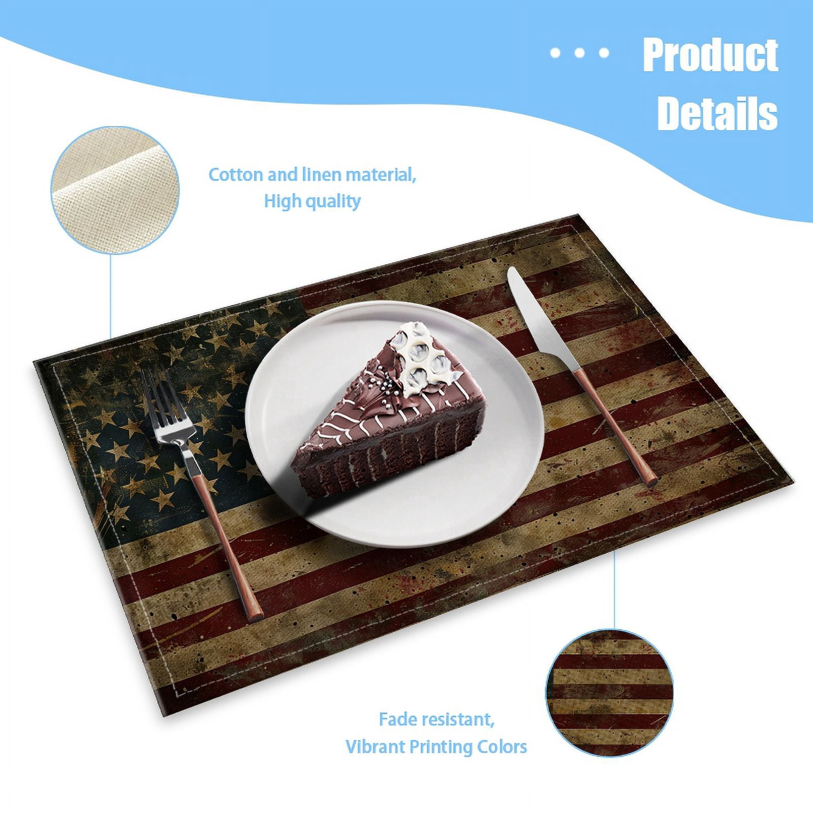 BaHomeck placemats Set of 4 rectangle Linen Cotton Placemats for Dining Table Washable Heat Resistant,18*12inch,Vintage American Flag With Grunge Textures