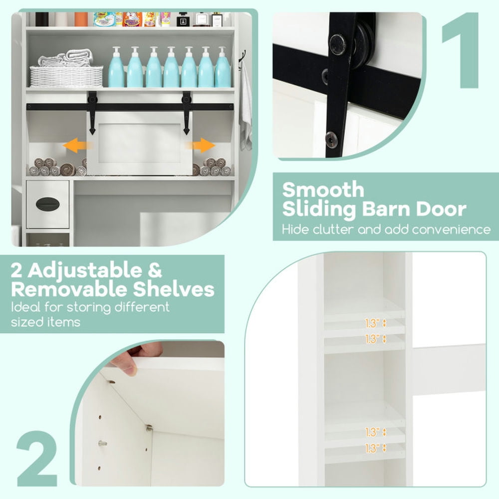 Finihen Toilet Storage Cabinet, Bathroom Cabinet Organizer, Over The Toilet Storage Cabinet with Sliding Barn Door and Adjustable Shelves, for Bathroom, White