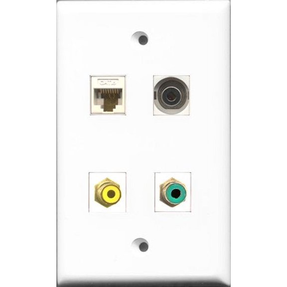 RiteAV 1 Port RCA Yellow and 1 Port RCA Green and 1 Port 3.5mm and 1 Port Cat6 Ethernet White Wall Plate