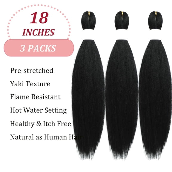 WEIF-Kids Short 1b Black Braiding Hair Pre Stretched Prestretched Braiding Hair 18 inch Synthetic Hair Extensions for Braiding Box Braids Long Yaki Knotless Braiding Hair for Kids Girls