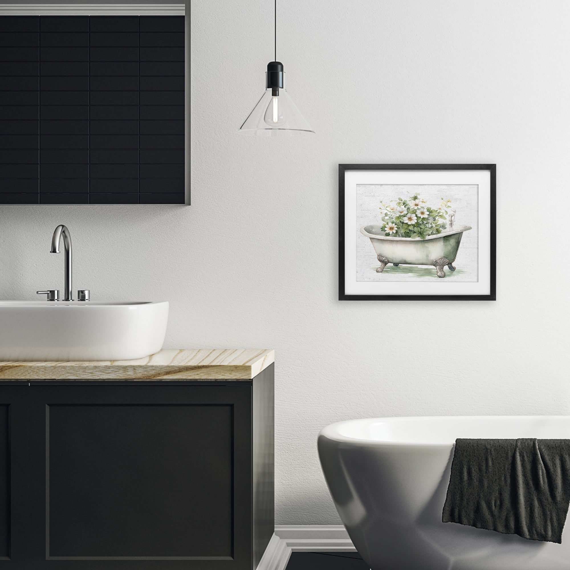 Boho Tub with Daisies Black Framed Print Under Glass, design by Lettered and Lined