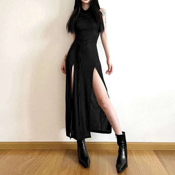 Cyber Gothic Desert Walker Hooded Dresses Y2k Punk Grunge Hollow Out Midi Dress Women Sexy Split Side Solid Streetwear - black / M