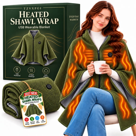 2027 Upgraded Heated Shawl Wrap for Women, Portable USB Heated Cape with Zipper, 3 Heat Settings, Fast Heating Washable Wearable Blanket for Office, Travel & Car