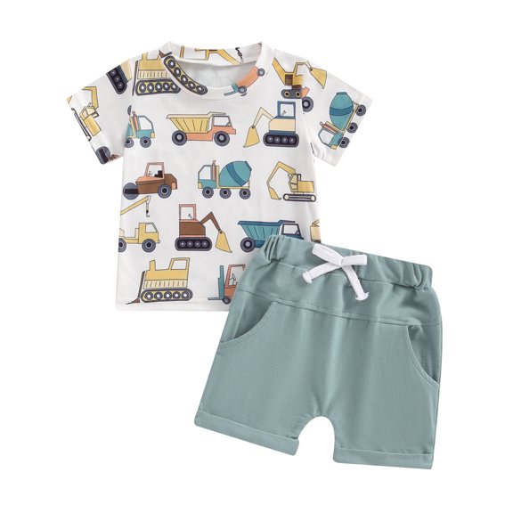 2Pcs Baby Boy Summer Outfits Short Sleeve Truck Print Tops   Shorts Set Toddler Clothing