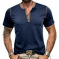 thumbnail image 2 of MIUOWANP Men's Pullover Shirts Short Sleeve Solid Color Stylish Button V-Neck T-Shirt Size XL(10)Blue, 2 of 8